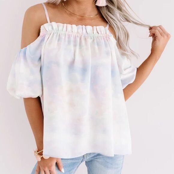 FATE Tie Dye Watercolor Pink Blue Cold Shoulder Ballon Sleeve Blouse Small - Picture 1 of 5